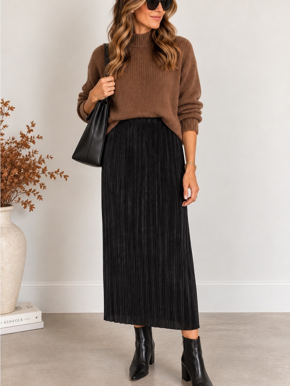 GILLI Black Pleated Midi Maxi Skirt Straight Stretch Waist Elegant L